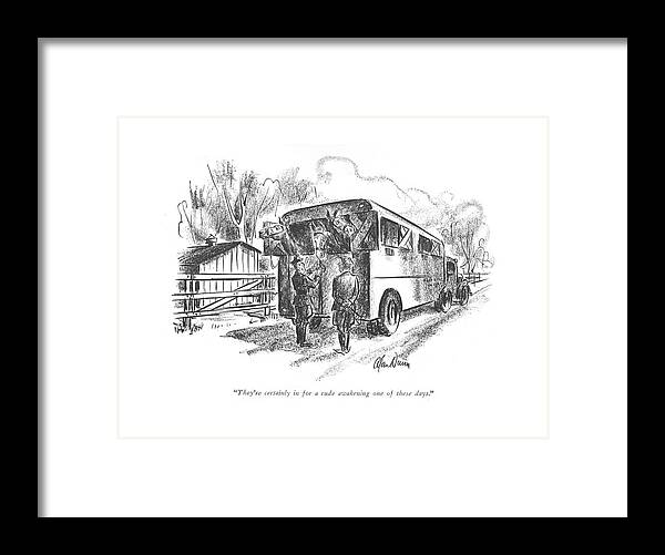 112000 Adu Alan Dunn Man Loading Horses Into Trailer. Age Animal Animals Death Die Elderly Horse Horses House Into Kill Killed Loading Man Pet Pets Slaughter Trailer Framed Print featuring the drawing They're Certainly In For A Rude Awakening One by Alan Dunn