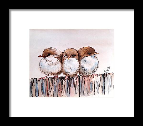 Watercolour Framed Print featuring the painting Three baby Fairy Wrens by Anne Gardner