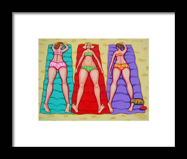 Whimsical Beach Framed Print featuring the painting Three Bathing Beauties and Buster by Rebecca Korpita