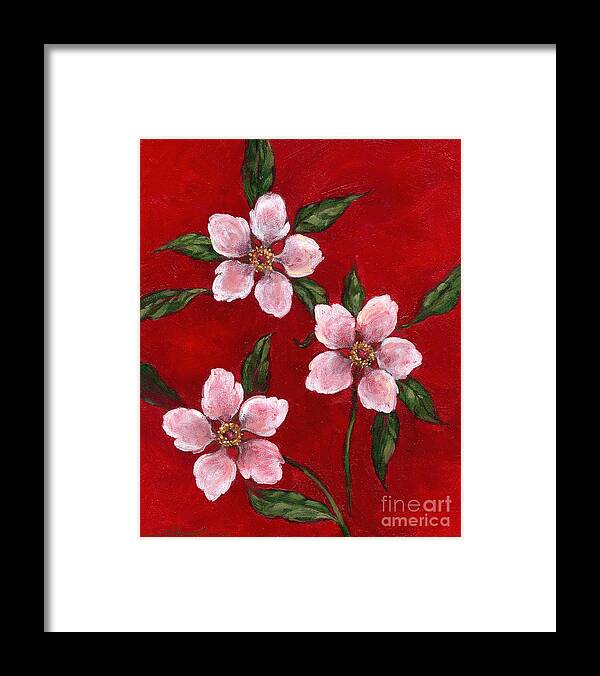 Red Framed Print featuring the painting Three Blossoms on Red by Randy Wollenmann