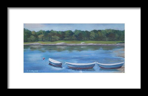 Maine Framed Print featuring the pastel Three Dories by Carol Corliss