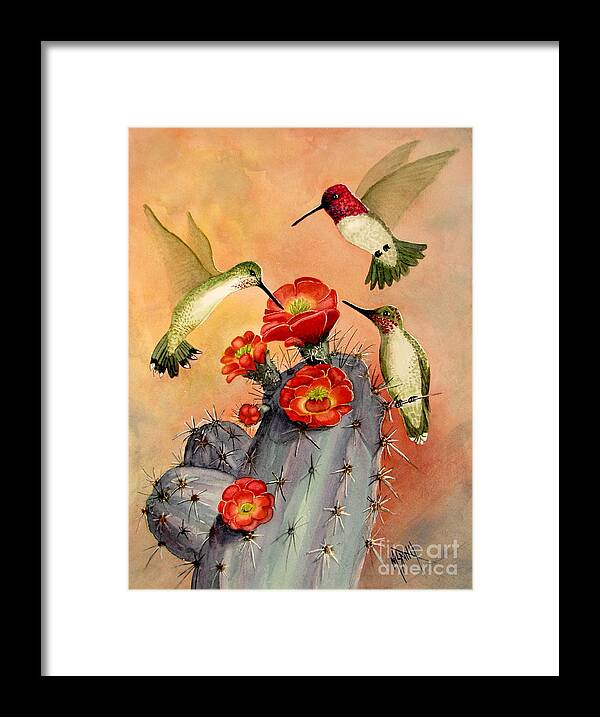 Hummingbirds Framed Print featuring the painting Three For Breakfast by Marilyn Smith