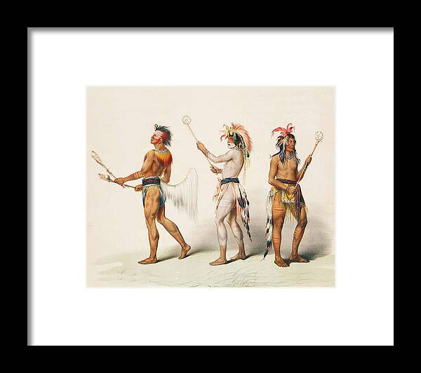 Three Indians Playing Lacrosse Framed Print featuring the digital art Three Indians Playing Lacrosse by Unknown