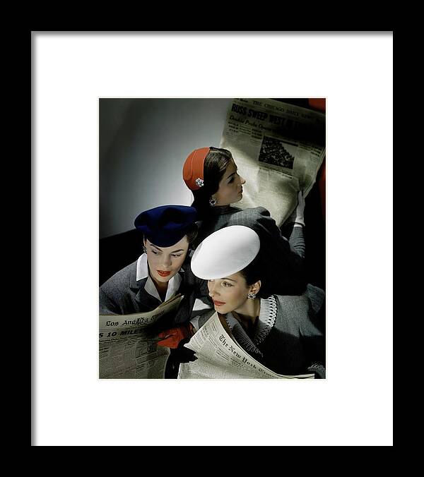 Accessories Framed Print featuring the photograph Three Models Wearing Assorted Hats by Horst P. Horst