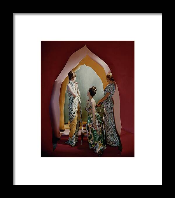 Accessories Framed Print featuring the photograph Three Models Wearing Patterned Dresses by Cecil Beaton