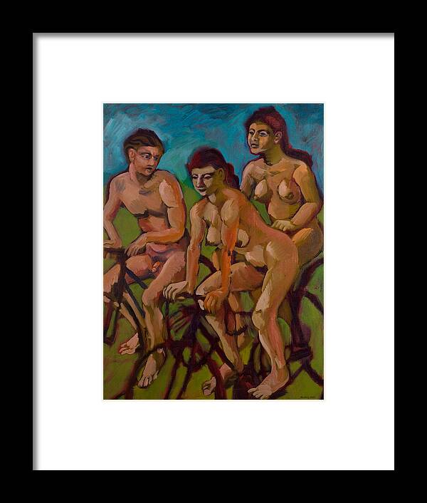 Cyclists Framed Print featuring the painting Three nude cyclists in red by Peregrine Roskilly