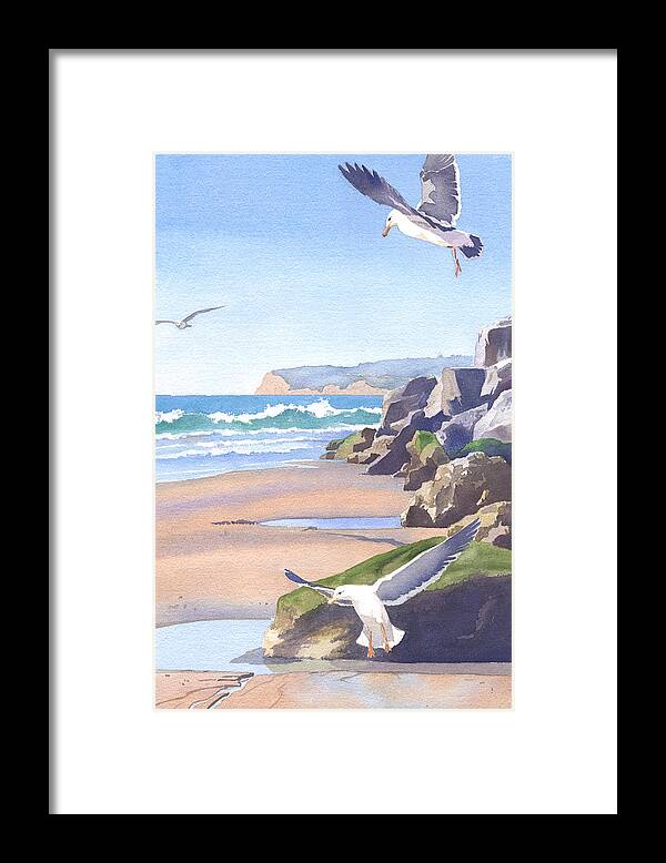 Seagull Framed Print featuring the painting Three Seagulls at Coronado Beach by Mary Helmreich