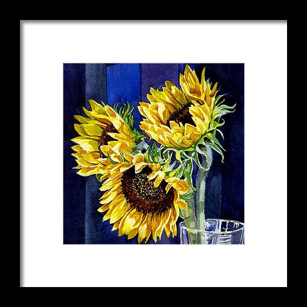 Sunflowers Framed Print featuring the painting Three Sunny Flowers by Irina Sztukowski