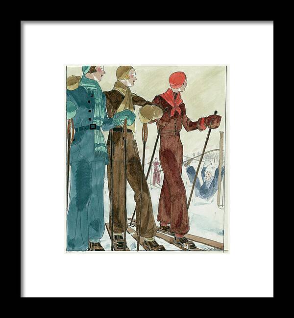 Illustration Framed Print featuring the digital art Three Women On The Ski Slopes Wearing Suits by Jean Pages