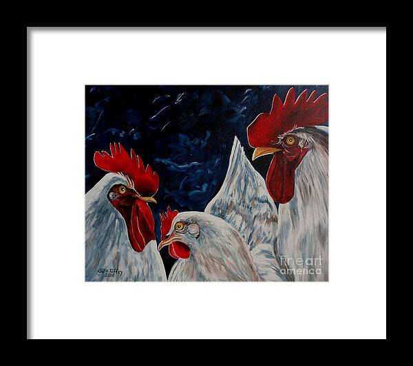 Rooster Framed Print featuring the painting Three's A Crowd  -  Roosters -Chicken by Julie Brugh Riffey