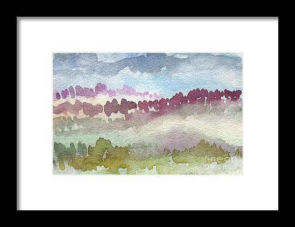 Abstract Landscape Framed Print featuring the painting Through The Trees by Linda Woods