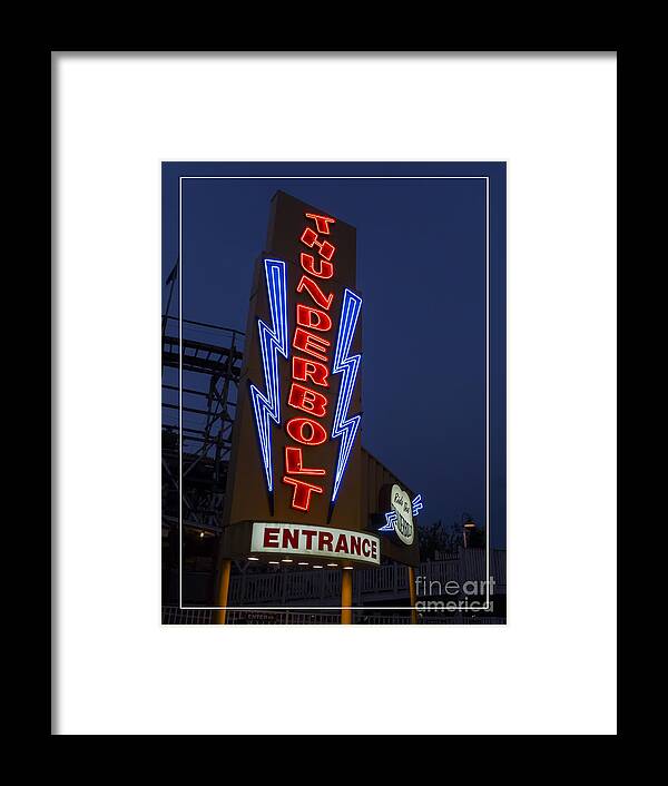 Amusement Framed Print featuring the photograph Thunderbolt Rollercoaster Neon Sign by Edward Fielding