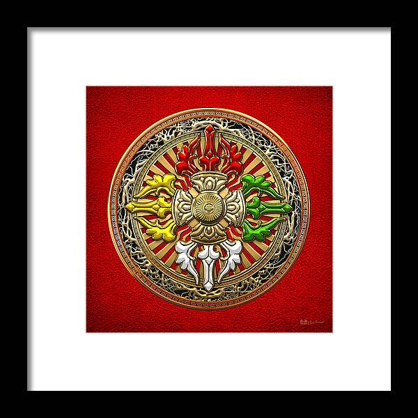 'treasure Trove' By Serge Averbukh Framed Print featuring the digital art Tibetan Double Dorje Mandala - Double Vajra on Red Leather by Serge Averbukh