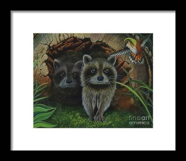 Hummingbird Framed Print featuring the painting Tiffany and Raccoons by Rosellen Westerhoff