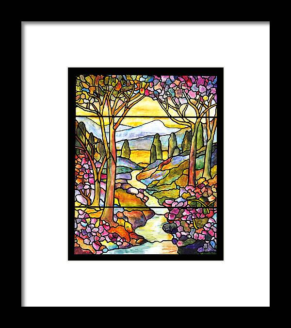 Stained Glass Paintings Framed Print featuring the painting Tiffany Landscape Window by Donna Walsh