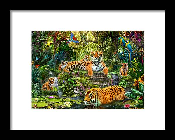 Waterfall Framed Print featuring the photograph Tiger Family at the Pool by MGL Meiklejohn Graphics Licensing