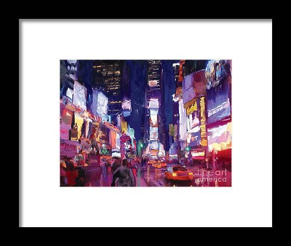New York Framed Print featuring the painting Amy's Time Square in the Rain by Tim Gilliland