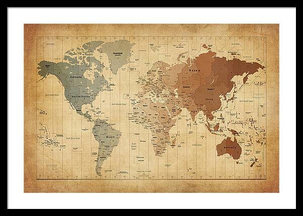 World Map Canvas Framed Print featuring the digital art Time Zones Map of the World by Michael Tompsett