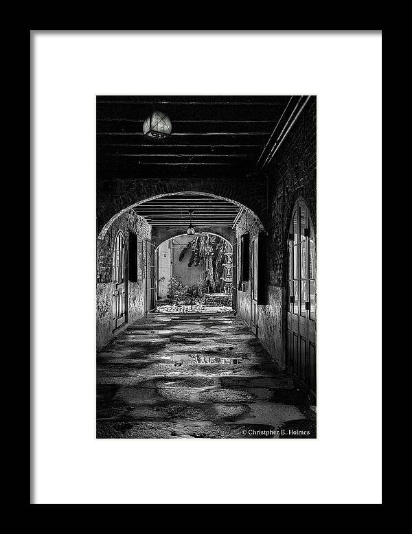 Structures Framed Print featuring the photograph To The Courtyard - BW by Christopher Holmes