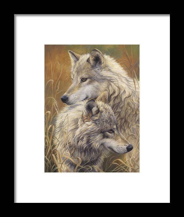Wolf Framed Print featuring the painting Together by Lucie Bilodeau