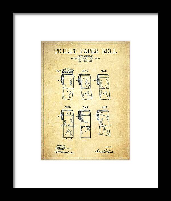 Toilet Paper Framed Print featuring the digital art Toilet Paper Roll Patent from 1891 - Vintage by Aged Pixel