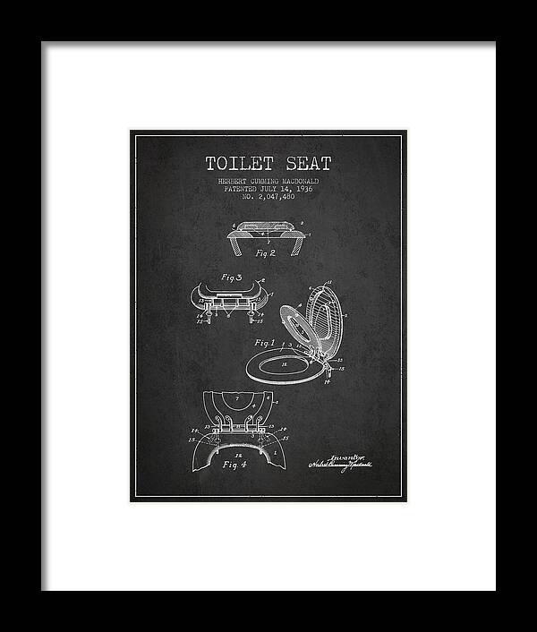 Toilet Framed Print featuring the digital art Toilet Seat Patent from 1936 - Charcoal by Aged Pixel