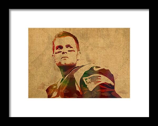 Tom Brady Framed Print featuring the mixed media Tom Brady New England Patriots Quarterback Watercolor Portrait on Distressed Worn Canvas by Design Turnpike