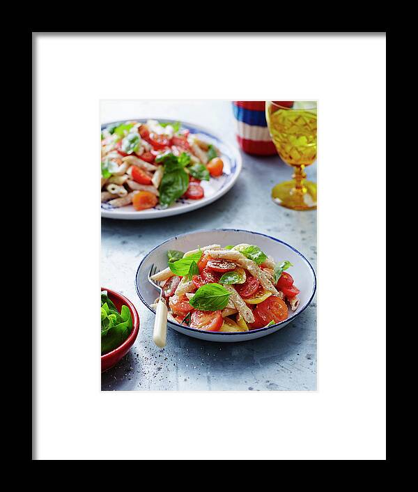 Serving Dish Framed Print featuring the photograph Tomato, Basil And Pasta Salad by Brett Stevens