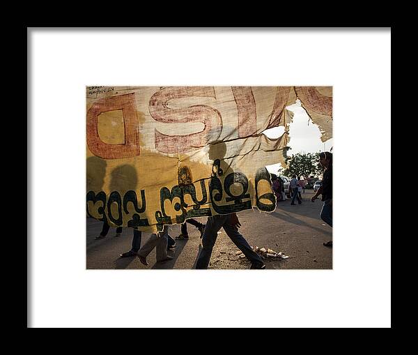 Automobile Framed Print featuring the photograph Torn Cloth Banner And Street Scene by David H. Wells