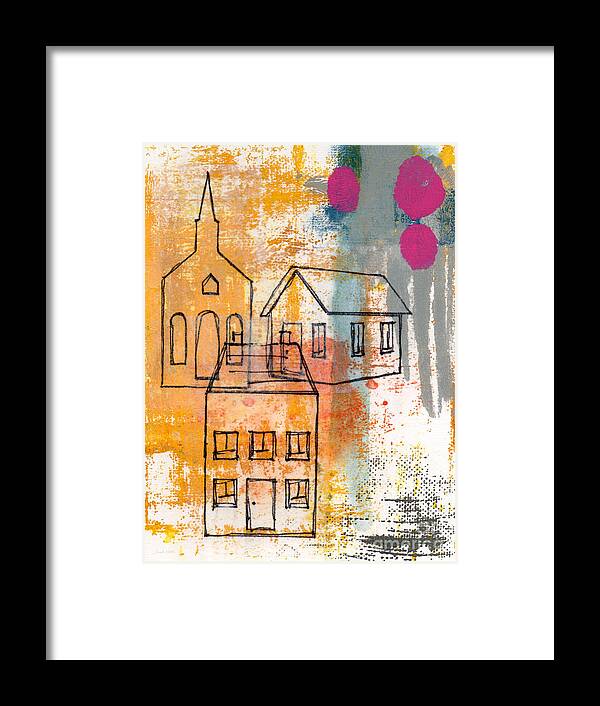 Abstract Framed Print featuring the painting Town Square by Linda Woods