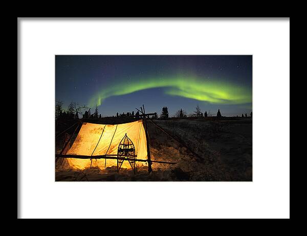 Aurora Borealis Framed Print featuring the photograph Trappers Tent Lit Up With Aurora by Richard Wear