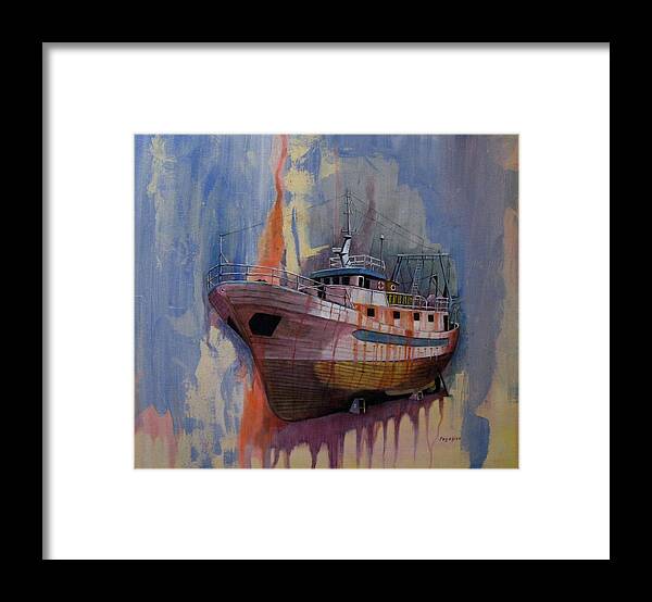 Trawler Framed Print featuring the painting Trawler by Ray Agius