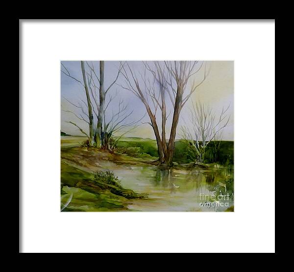 Hortensia Framed Print featuring the painting Trees and Pond by Donna Acheson-Juillet