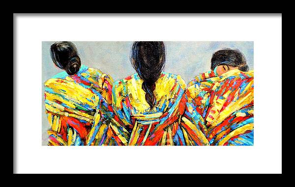 Abstract Framed Print featuring the painting Tres Mujers by Marilyn Hurst