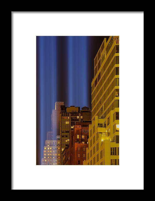 911 Framed Print featuring the photograph Tribute In Lights 911 WTC NYC by Susan Candelario