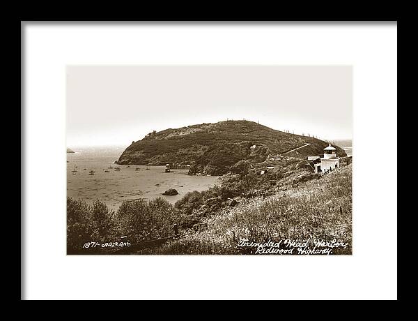 Memoria Framed Print featuring the photograph Trinidad Memorial Lighthouse and fog bell with Trinidad Head circa 1948 by Monterey County Historical Society