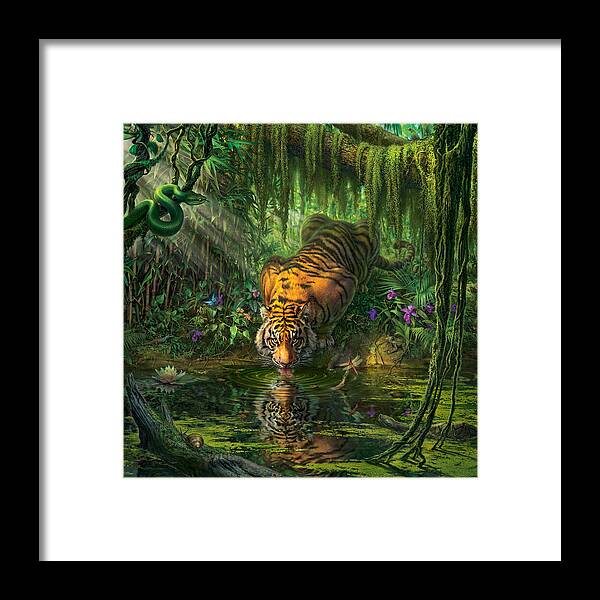 Bambootiger Dragonfly Butterfly Bengal Tiger India Rainforest Junglefredrickson Snail Water Lily Orchid Flowers Vines Snake Viper Pit Viper Frog Toad Palms Pond River Moss Tiger Paintings Jungle Tigers Tiger Art Framed Print featuring the digital art Aurora's Garden by Mark Fredrickson