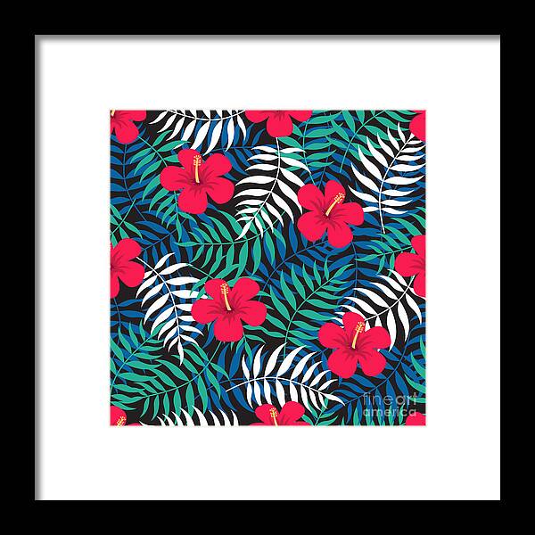 Art Framed Print featuring the digital art Tropical Floral Seamless Pattern With by Ekaterina Bedoeva