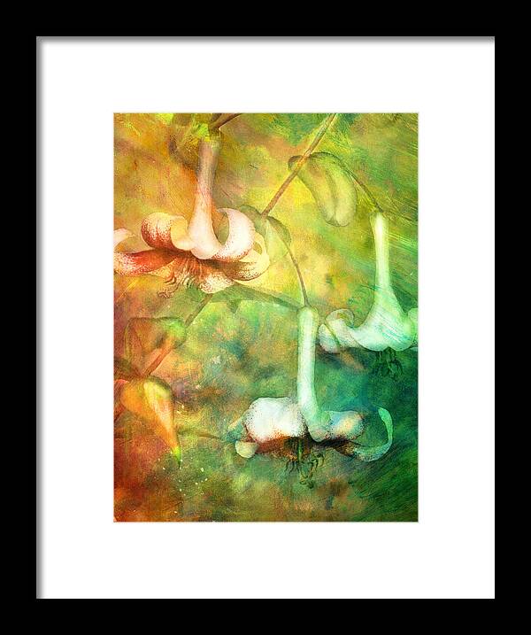 Impressionism Framed Print featuring the painting Trumpet Lilies In A Magical Forest by Georgiana Romanovna