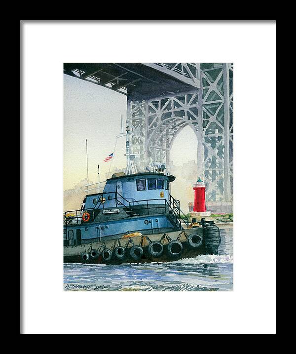 George Washington Bridge Framed Print featuring the painting Tugboat and the Little Red Lighthouse by Marguerite Chadwick-Juner