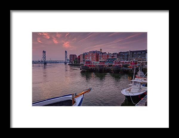 Early Morning Framed Print featuring the photograph Tugboats Portsmouth New Hampshire by Jeff Sinon