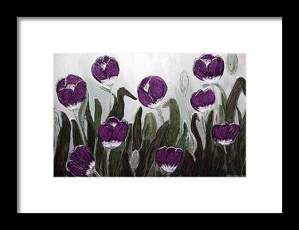 Spring Framed Print featuring the painting Tulip Festival Art Print Purple Tulips from Original Abstract by Penny Hunt by Penny Hunt