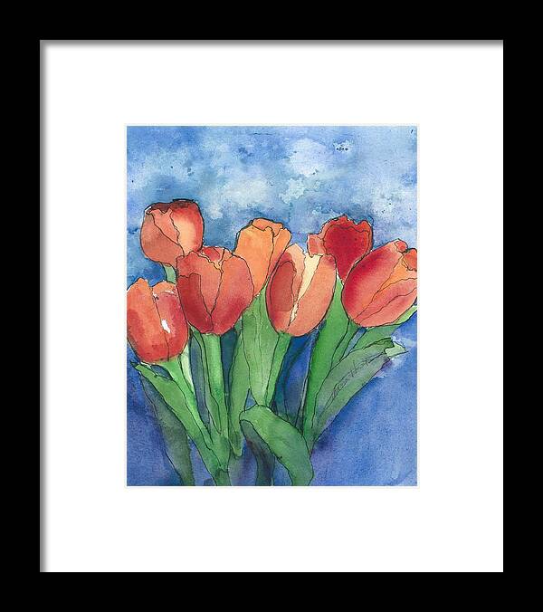 Red And Orange Tulips Framed Print featuring the painting Tulips After the Rain by Maria Hunt