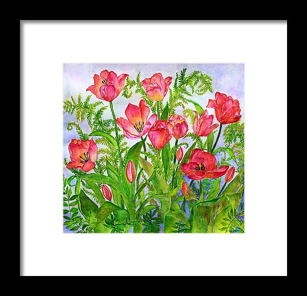 Tulips Framed Print featuring the painting Tulips and Lacy Ferns by Janet Immordino
