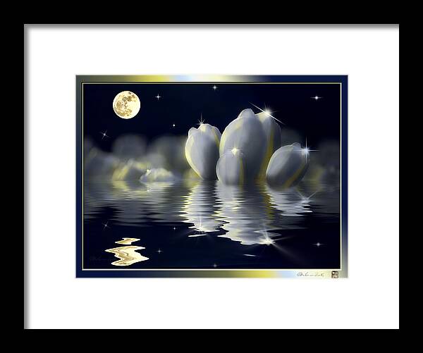 White Tulips And Moon Framed Print featuring the mixed media Tulips and Moon reflection by Peter V Quenter