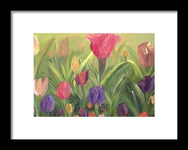 Floral Framed Print featuring the painting Tulips by Donna Blackhall