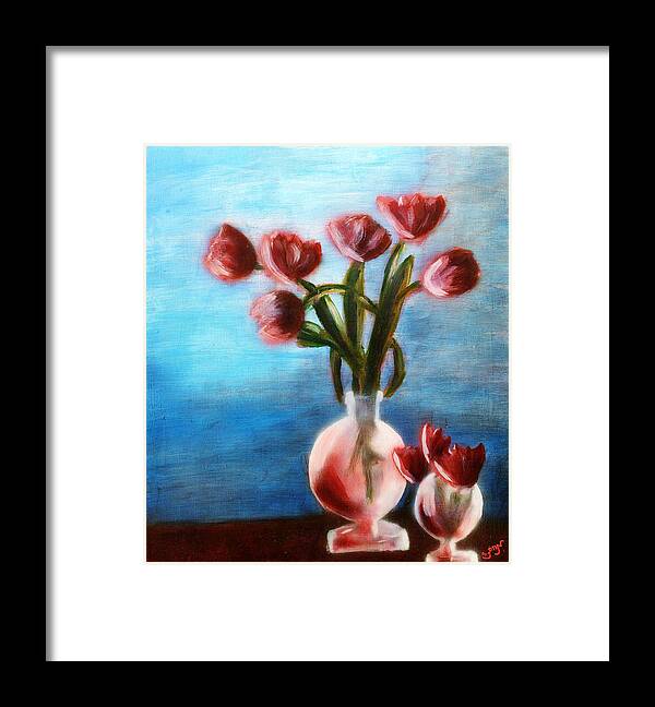 Tulips Framed Print featuring the painting Tulips Still life in Red in rounded Vase with water and Pink and Blue and green Table flowers MendyZ by MendyZ