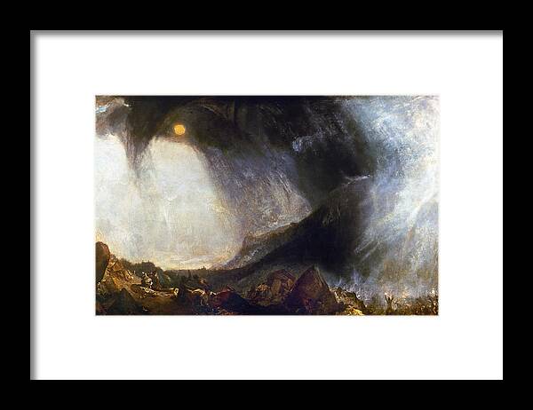 218 B.c Framed Print featuring the painting Snow Storm - Hannibal Crossing the Alps by Turner