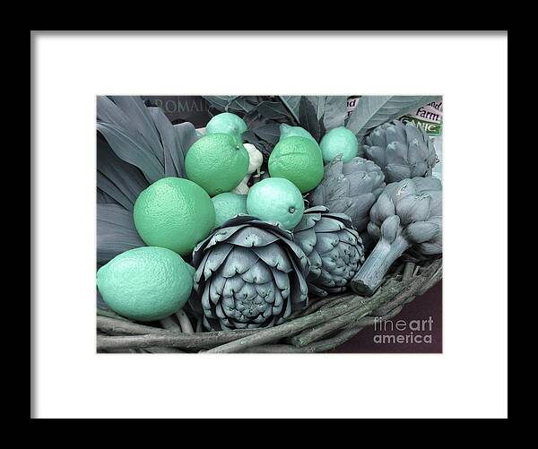 Fruit Framed Print featuring the photograph Turquoise Artichokes Lemons and Oranges by James B Toy