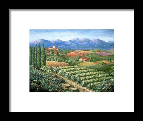 Wine Framed Print featuring the painting Tuscan Vineyard and Village by Marilyn Dunlap